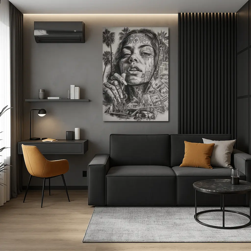 Tattooed Woman Portrait Money Palm Trees – Wall Art