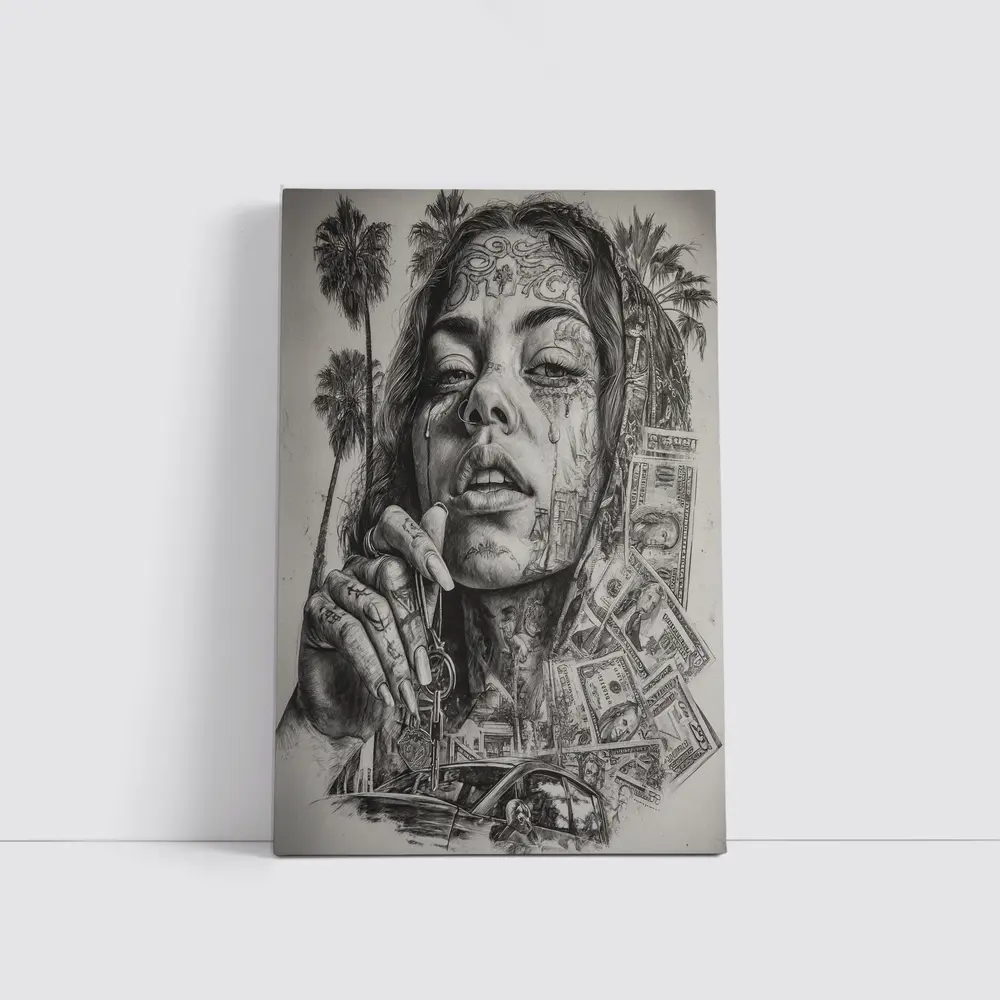 Tattooed Woman Portrait Money Palm Trees – Wall Art