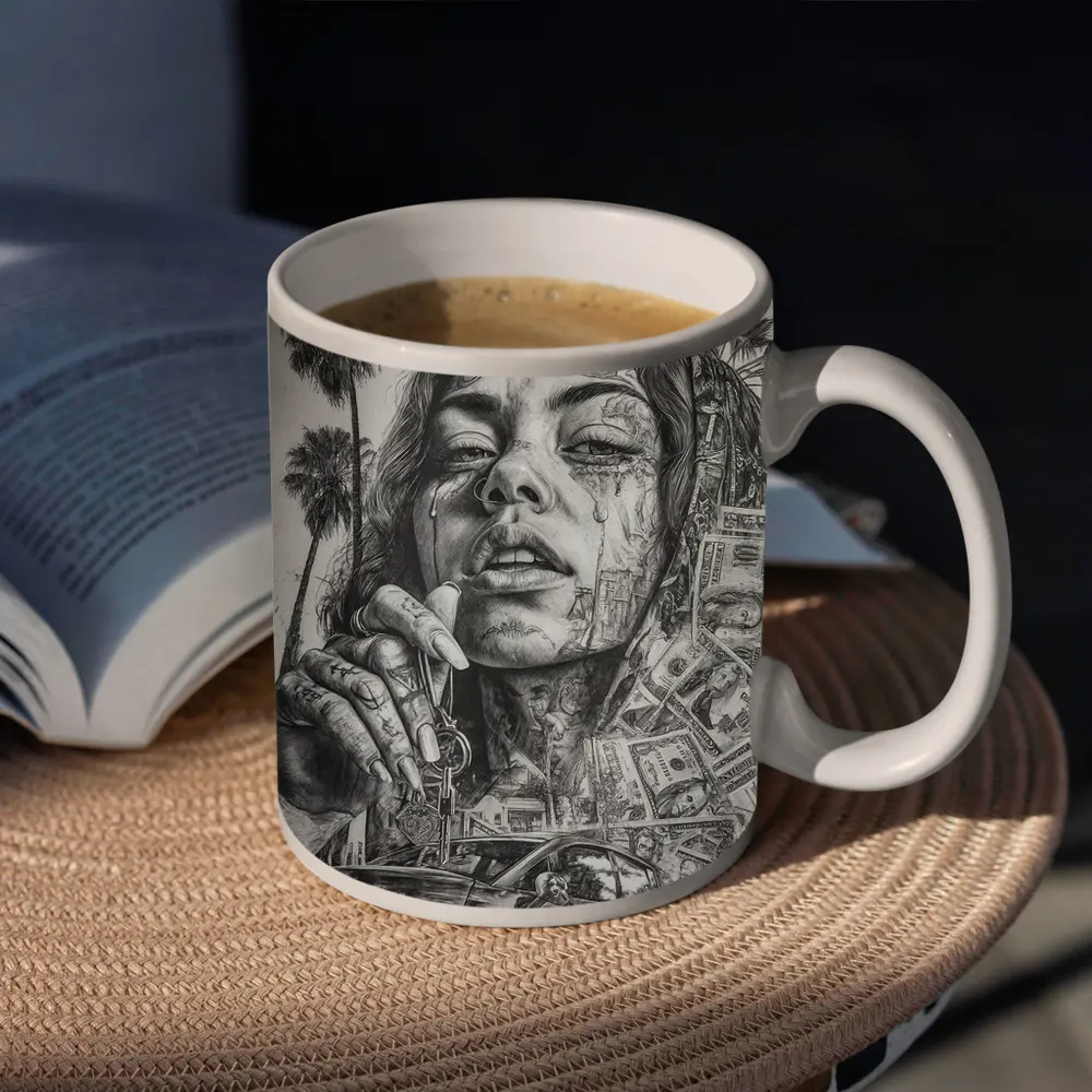 Tattooed Woman Portrait Money Palm Trees – Mugs