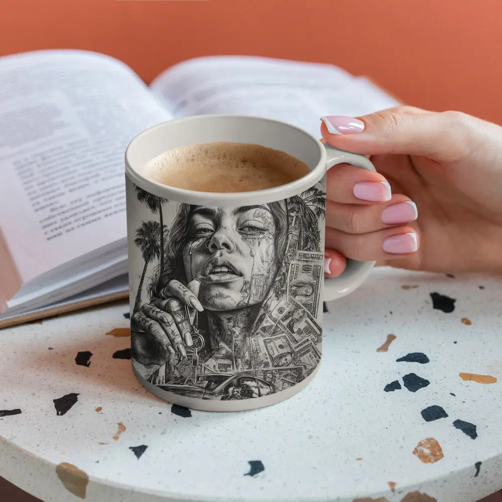 Tattooed Woman Portrait Money Palm Trees – Mugs