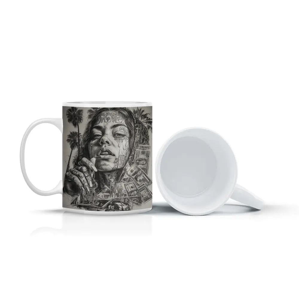 Tattooed Woman Portrait Money Palm Trees – Mugs