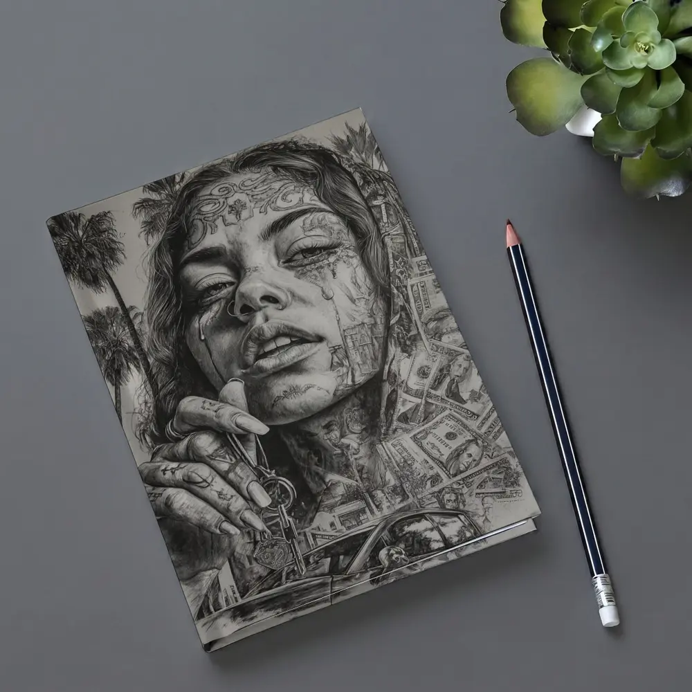 Tattooed Woman Portrait Money Palm Trees – Notebooks