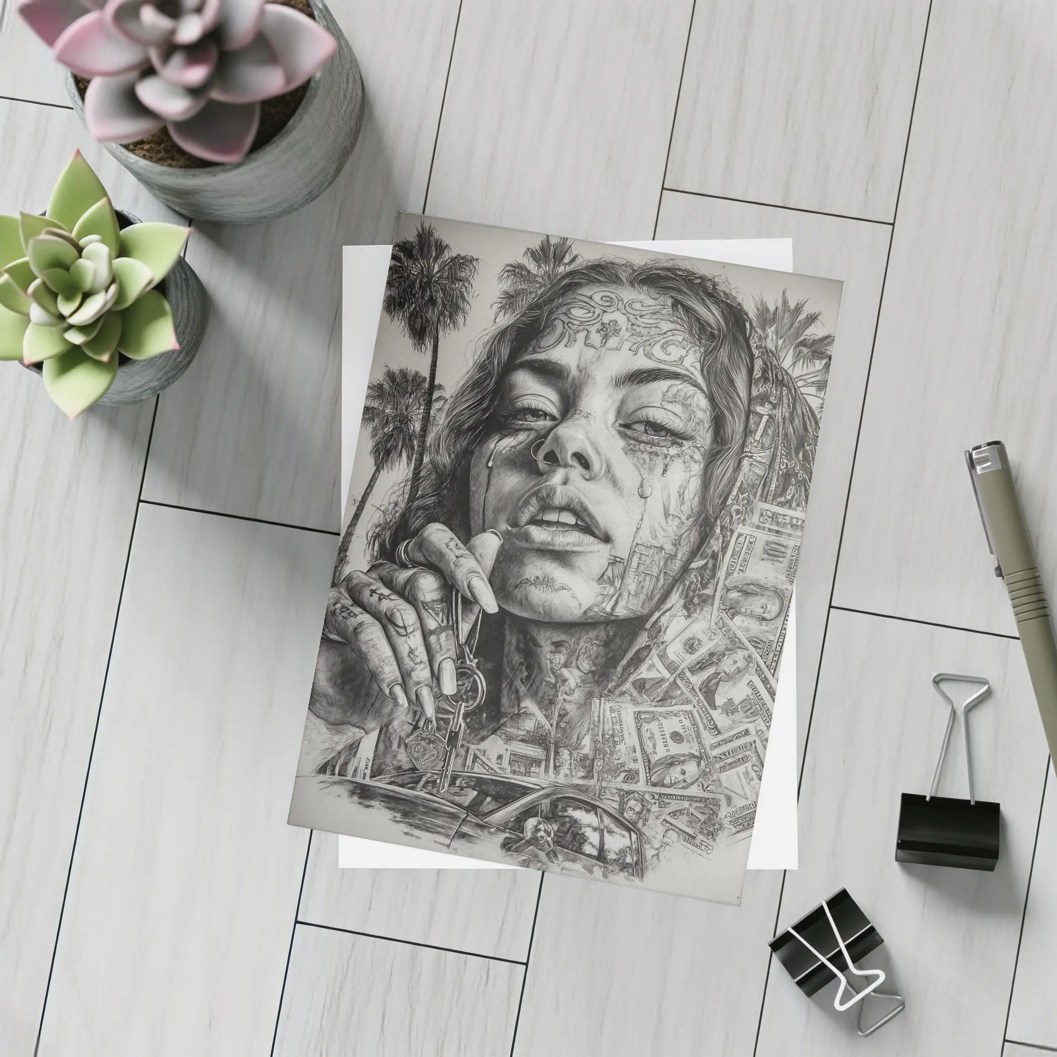 Tattooed Woman Portrait Money Palm Trees – Postcards