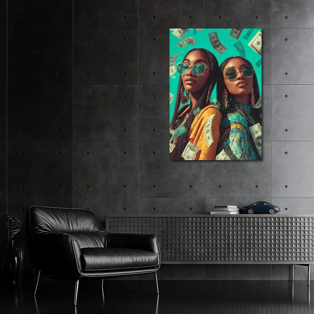Two Women Money Rain Teal Background Art – Wall Art