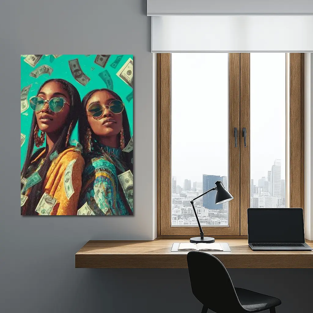 Two Women Money Rain Teal Background Art – Wall Art