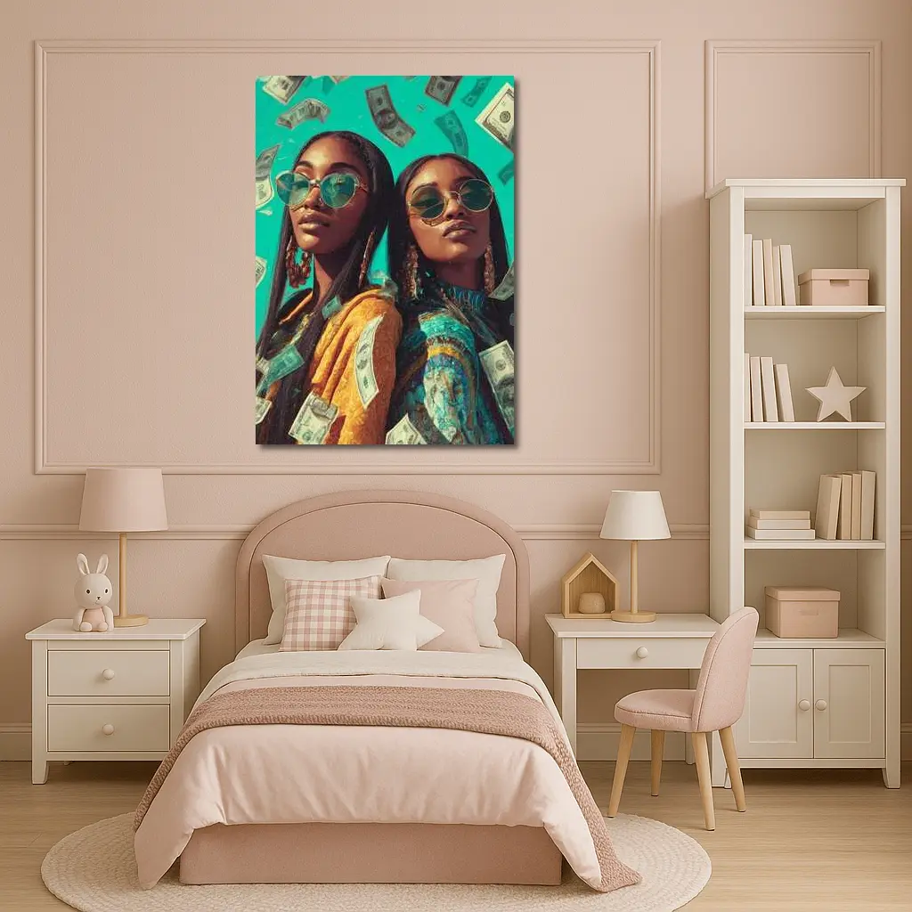 Two Women Money Rain Teal Background Art – Wall Art