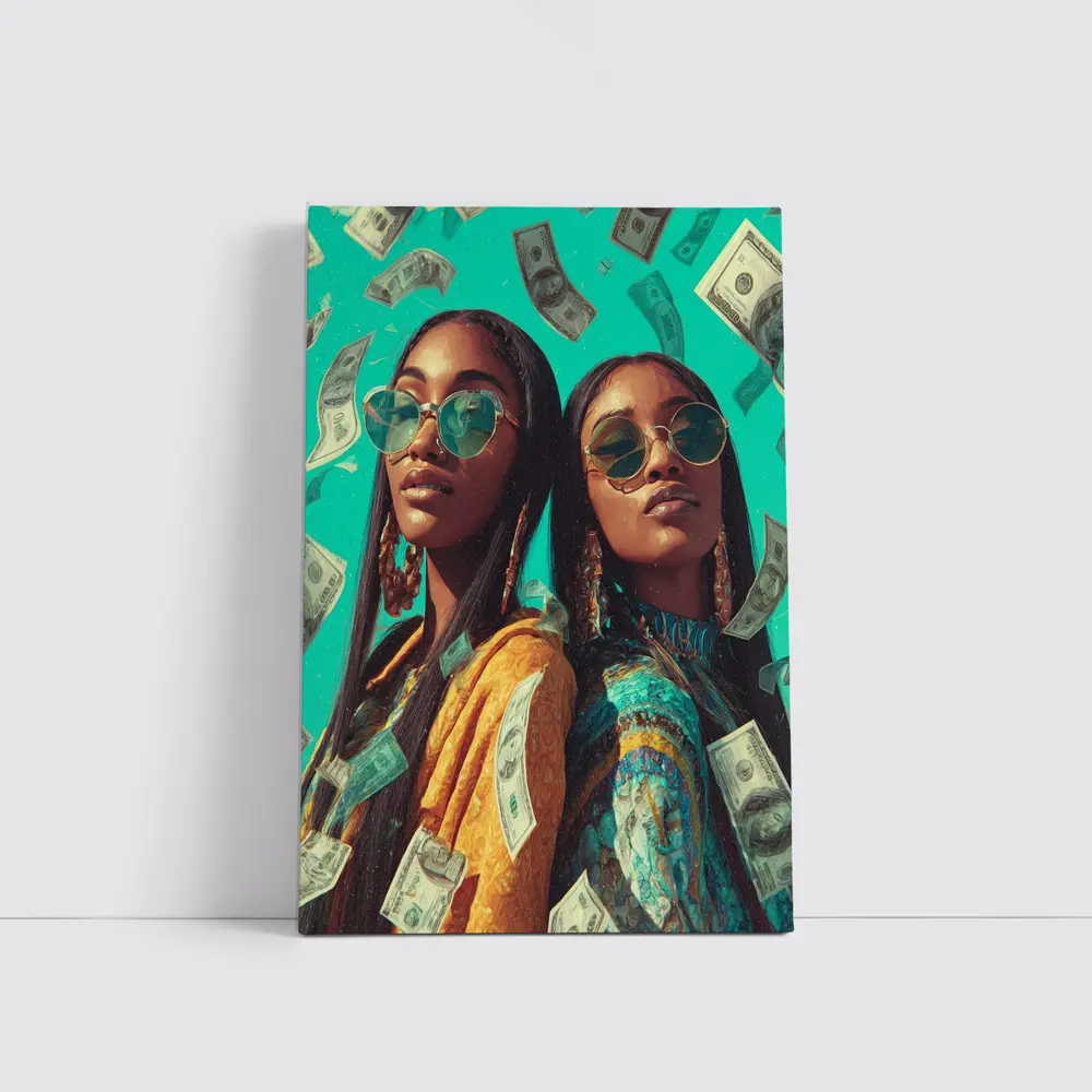 Two Women Money Rain Teal Background Art – Wall Art