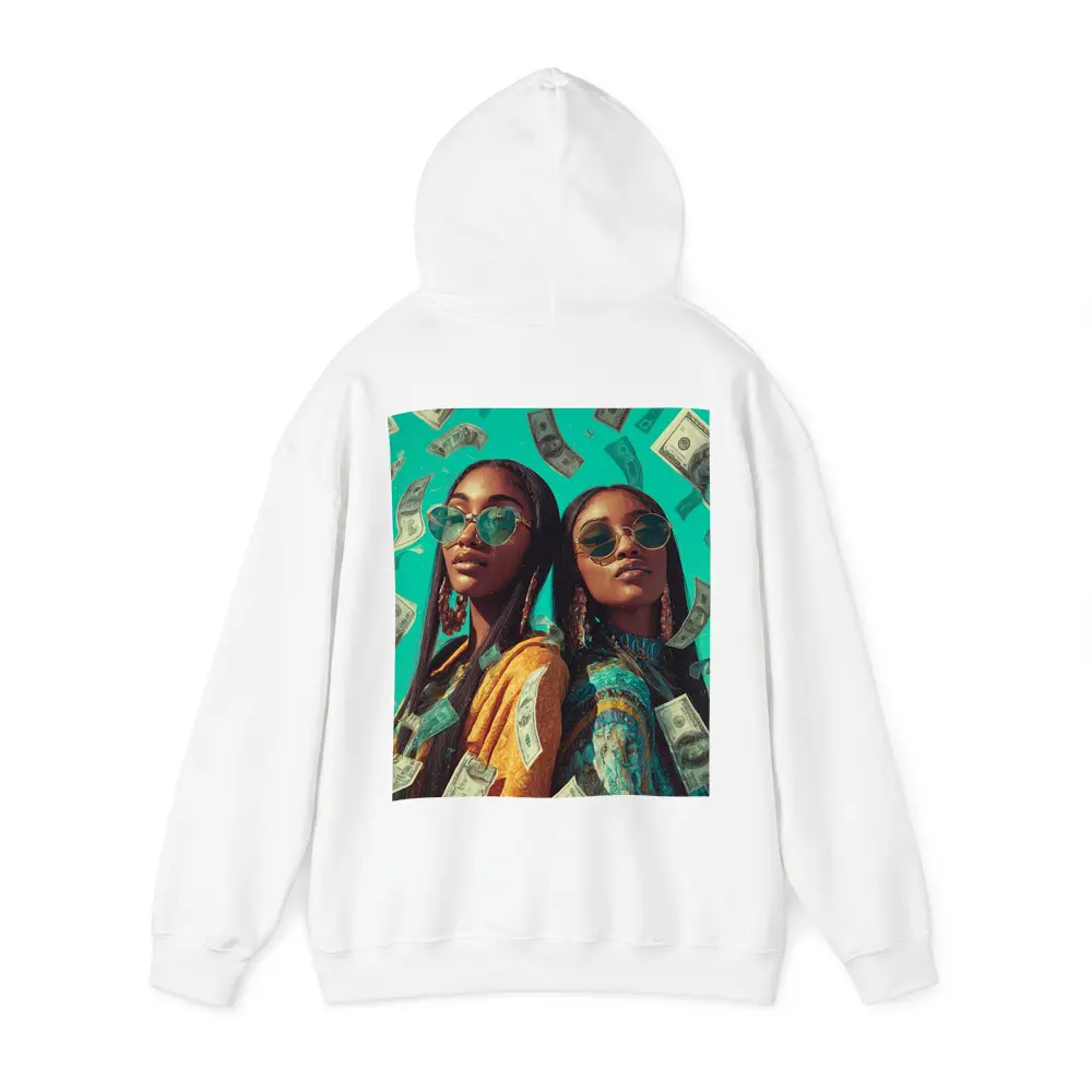Two Women Money Rain Teal Background Art – Hoodies