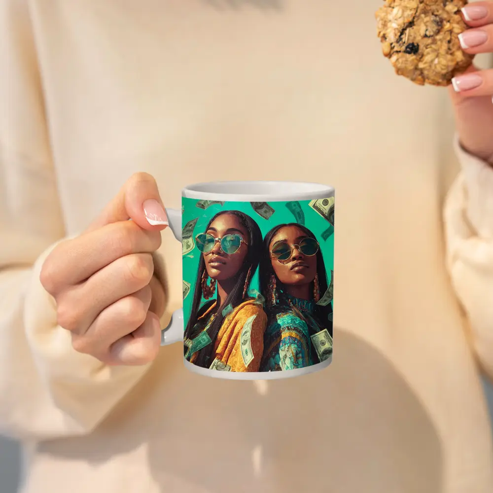Two Women Money Rain Teal Background Art – Mugs
