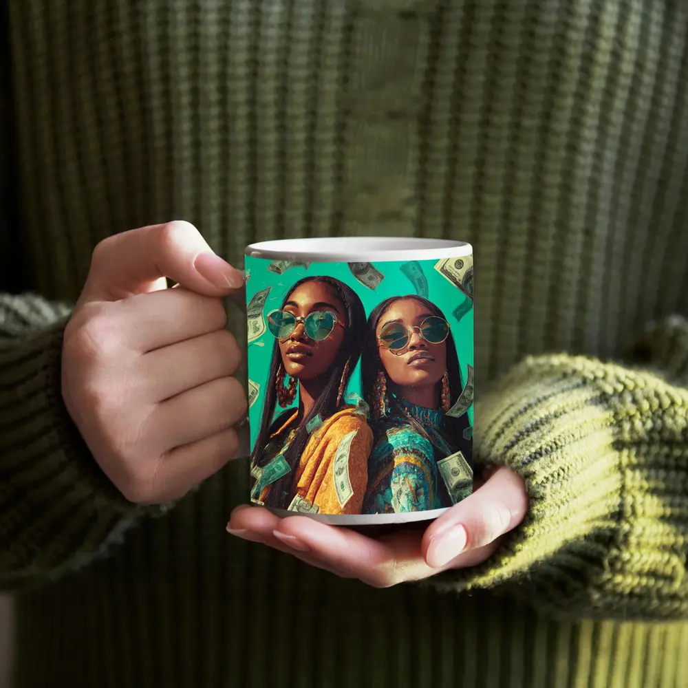 Two Women Money Rain Teal Background Art – Mugs