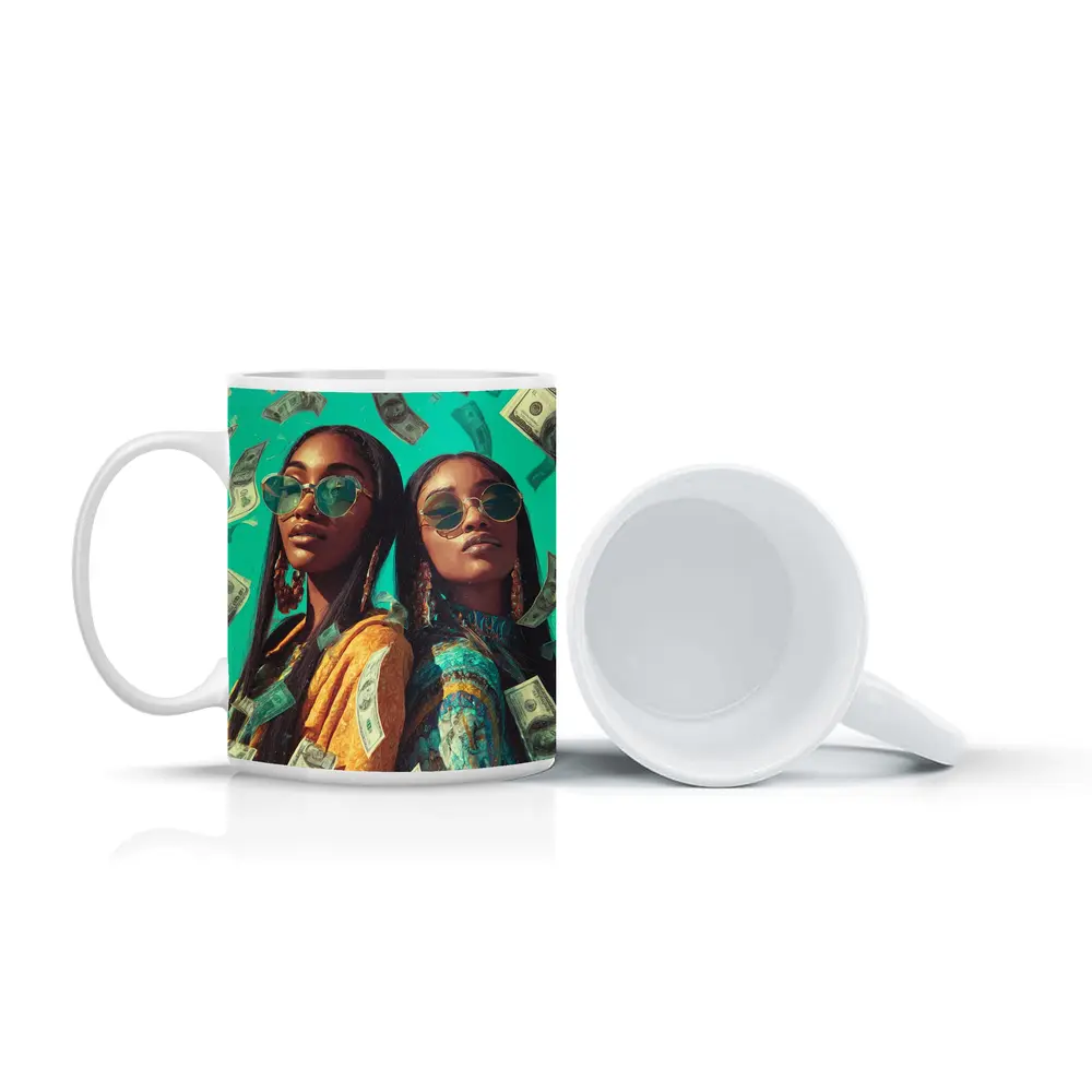 Two Women Money Rain Teal Background Art – Mugs