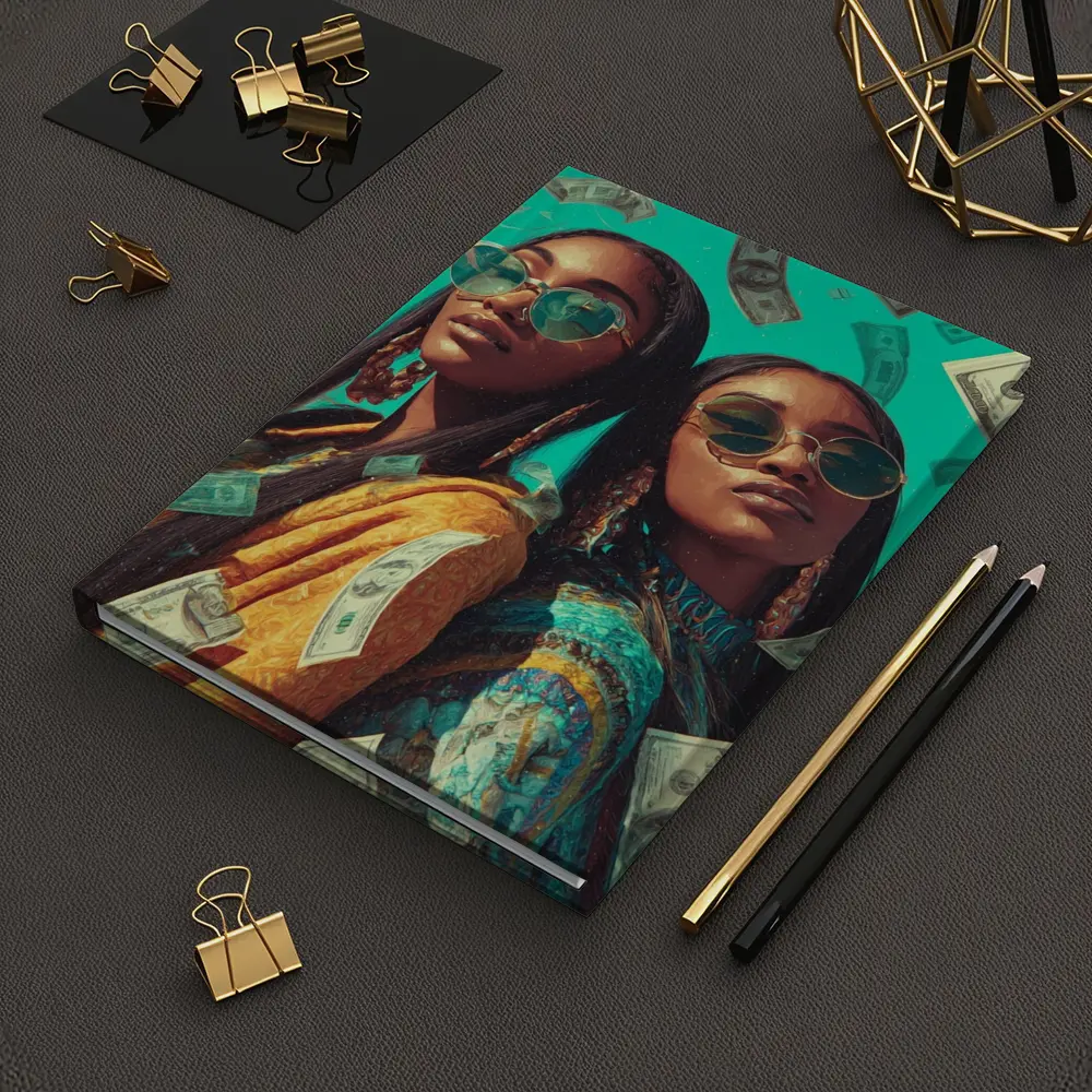 Two Women Money Rain Teal Background Art – Notebooks