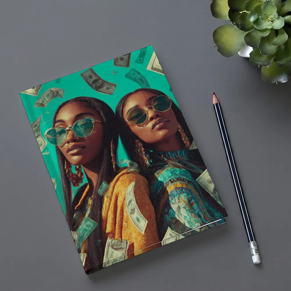 Two Women Money Rain Teal Background Art – Notebooks