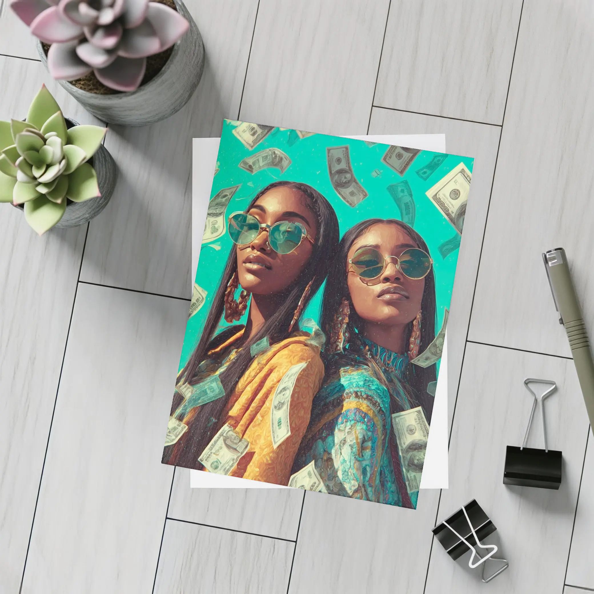 Two Women Money Rain Teal Background Art – Postcards