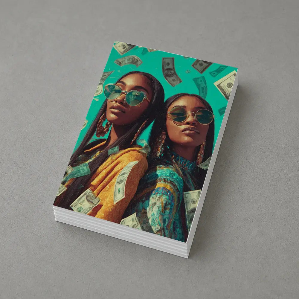 Two Women Money Rain Teal Background Art – Postcards