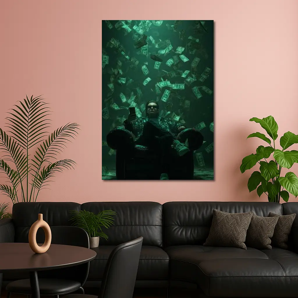 Man Relaxing In Chair Money Raining Green – Wall Art