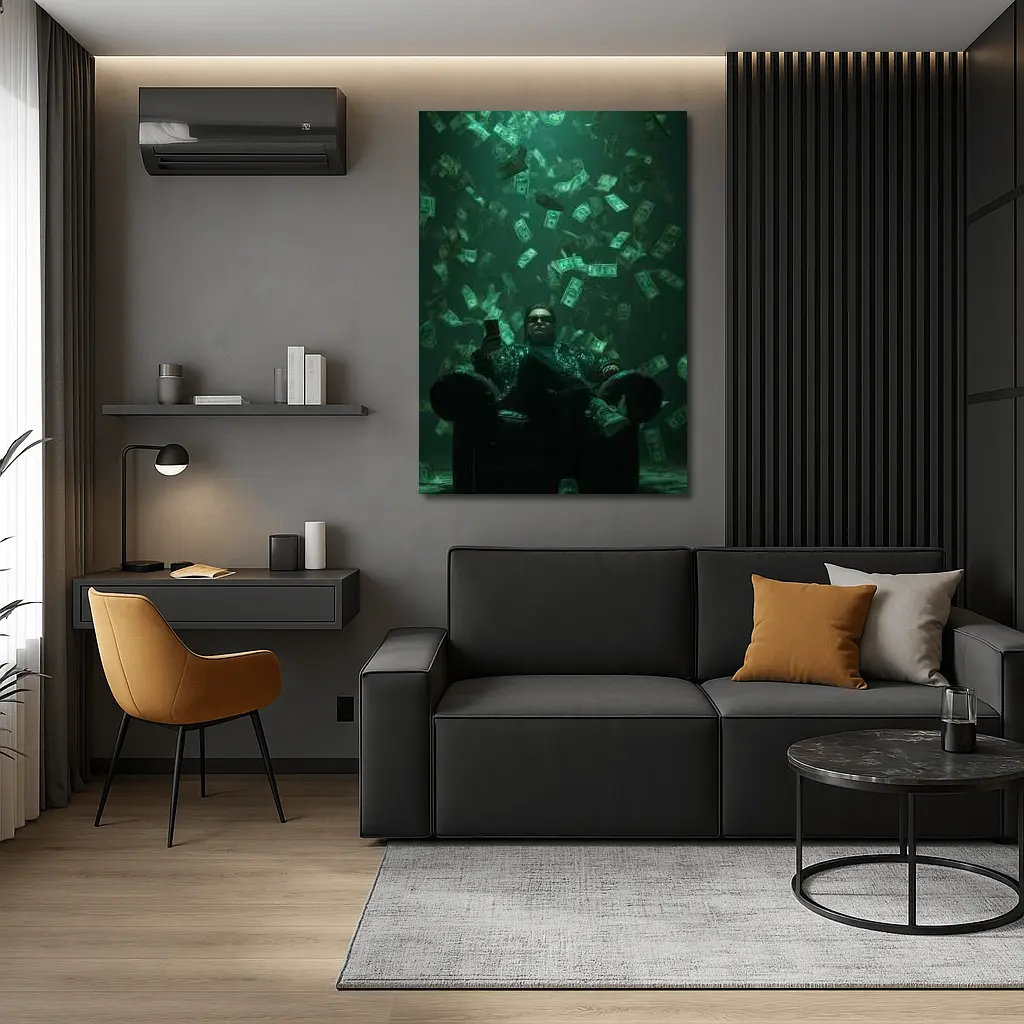Man Relaxing In Chair Money Raining Green – Wall Art