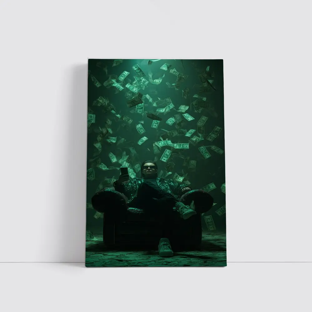 Man Relaxing In Chair Money Raining Green – Wall Art