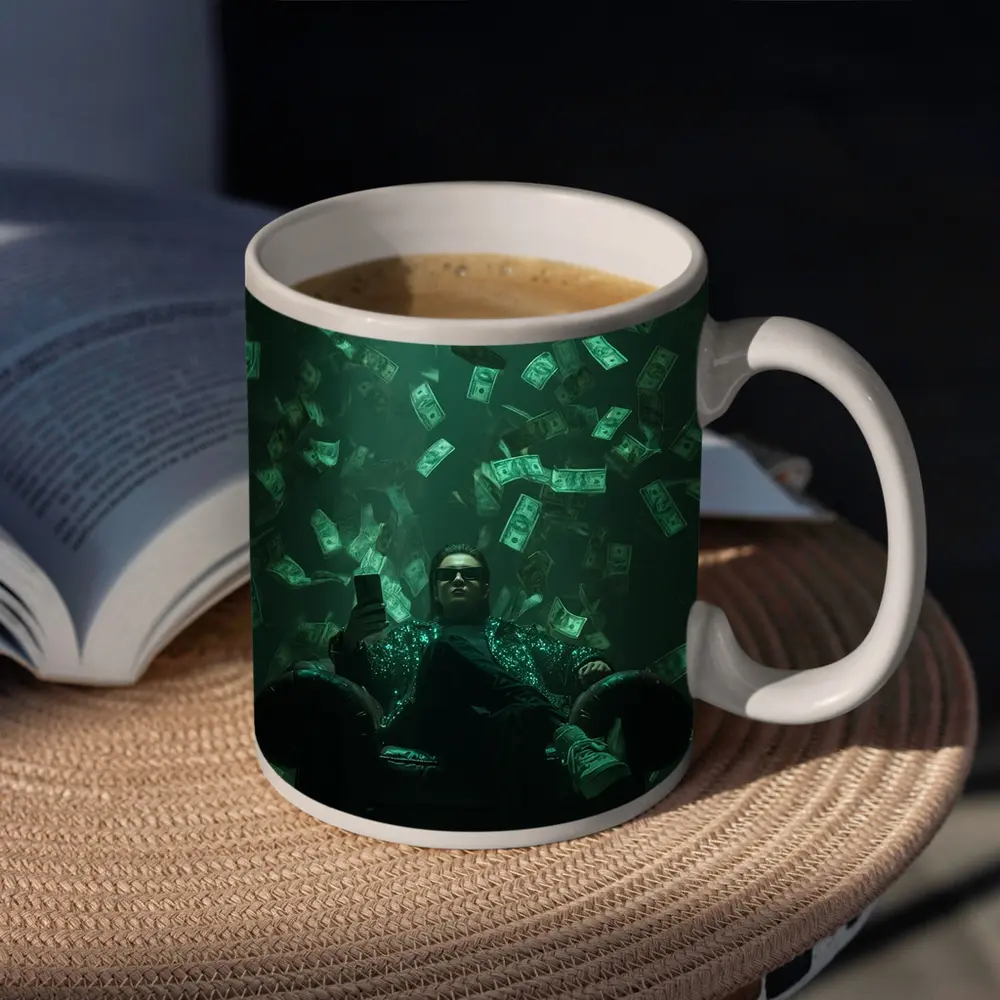 Man Relaxing In Chair Money Raining Green – Mugs