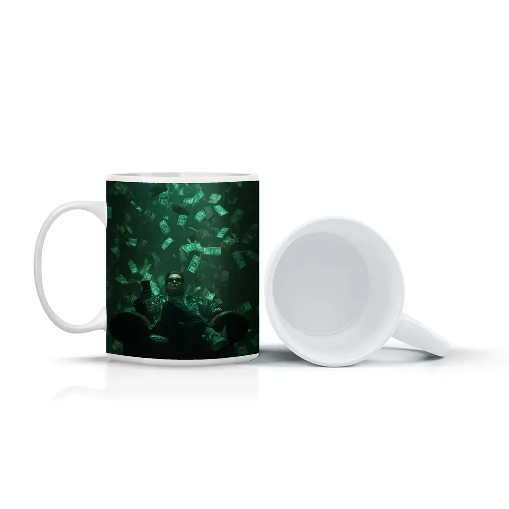 Man Relaxing In Chair Money Raining Green – Mugs