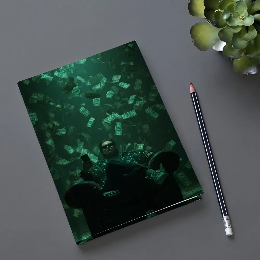 Man Relaxing In Chair Money Raining Green – Notebooks