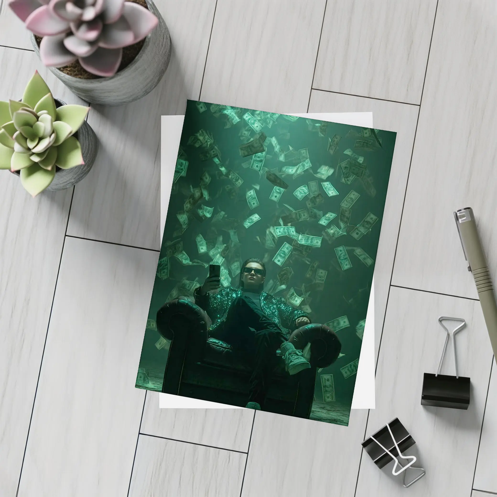 Man Relaxing In Chair Money Raining Green – Postcards