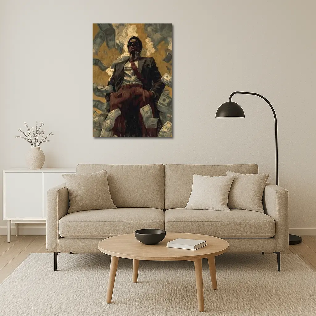 Man In Suit Surrounded By Flying Money – Wall Art