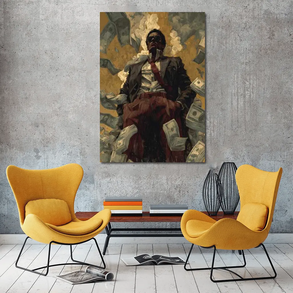 Man In Suit Surrounded By Flying Money – Wall Art