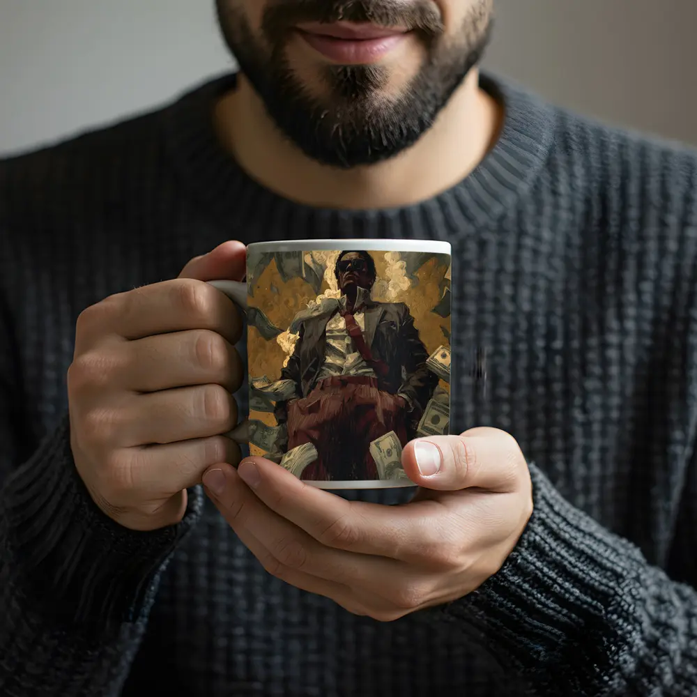 Man In Suit Surrounded By Flying Money – Mugs