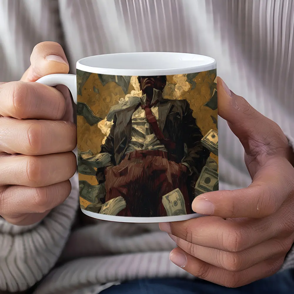Man In Suit Surrounded By Flying Money – Mugs