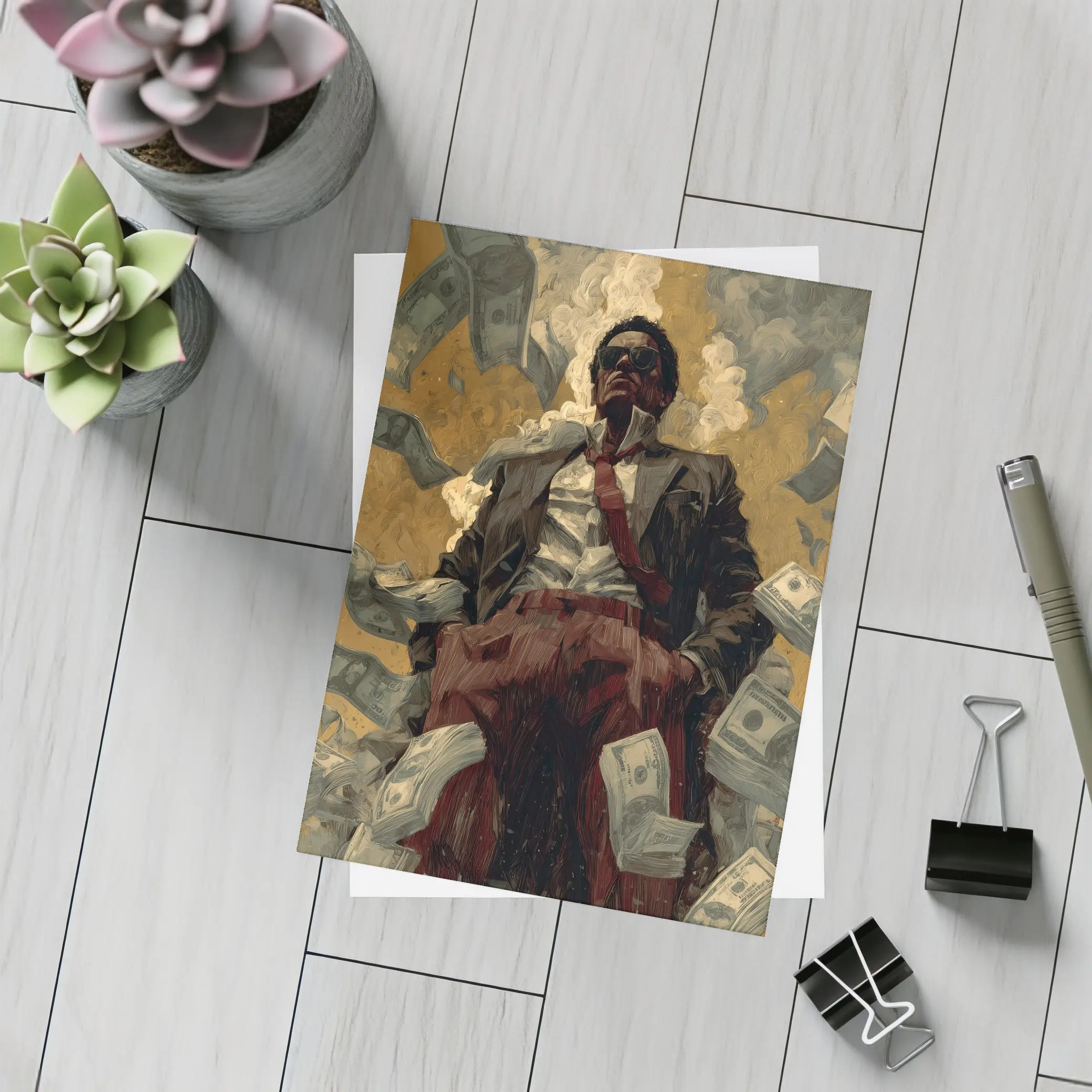 Man In Suit Surrounded By Flying Money – Postcards