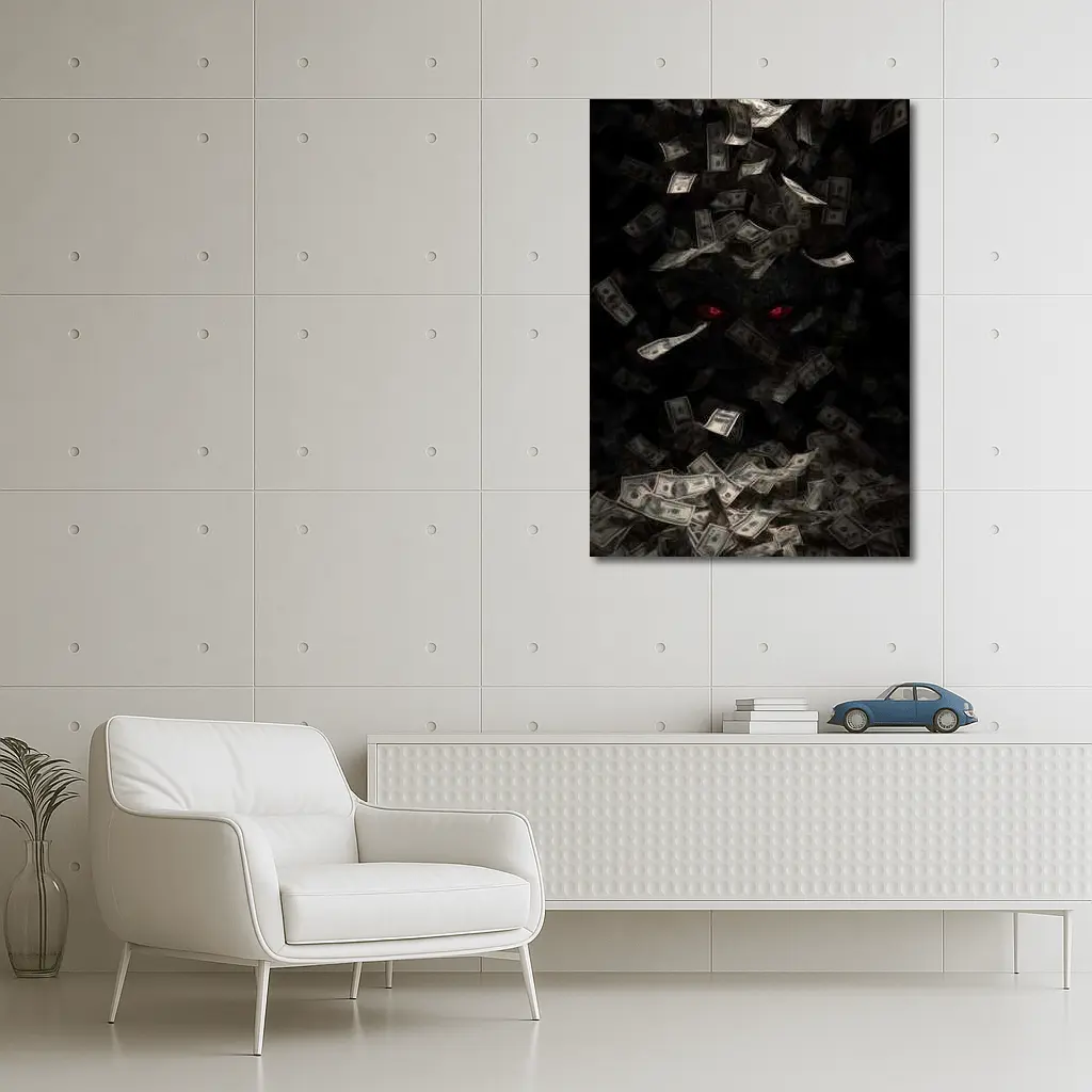 Dark Demon Eyes Money Falling Black Background – Wall Art