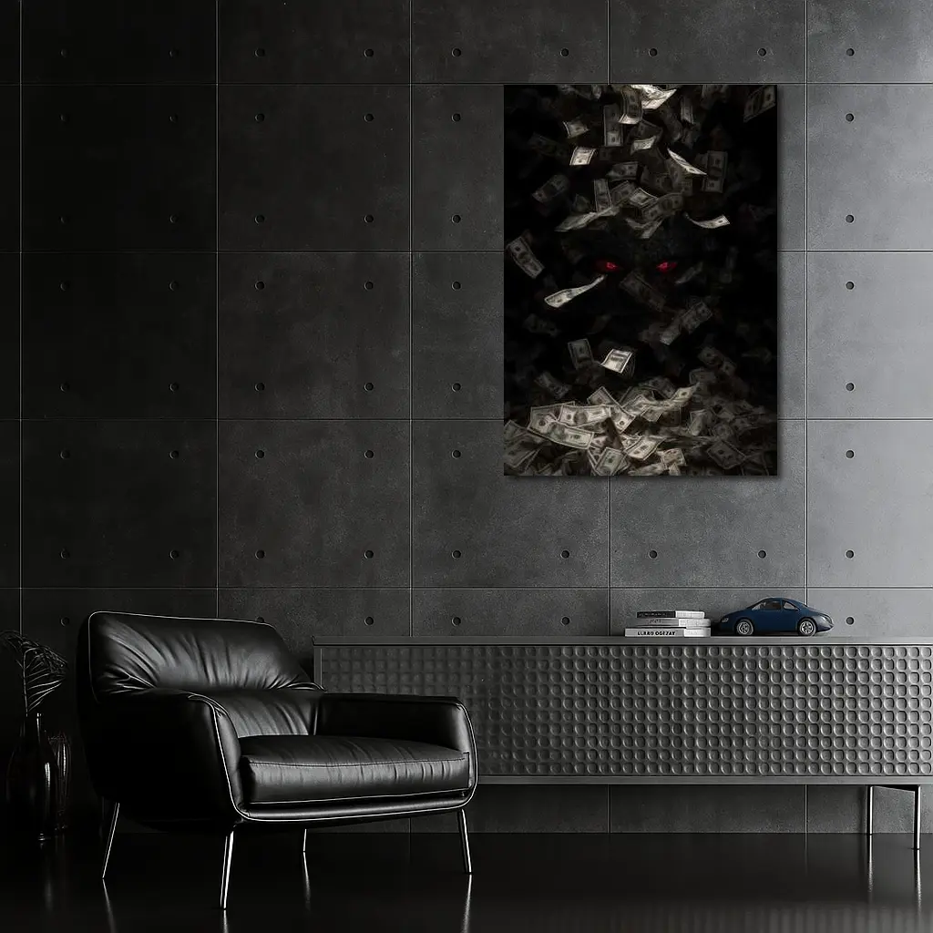 Dark Demon Eyes Money Falling Black Background – Wall Art