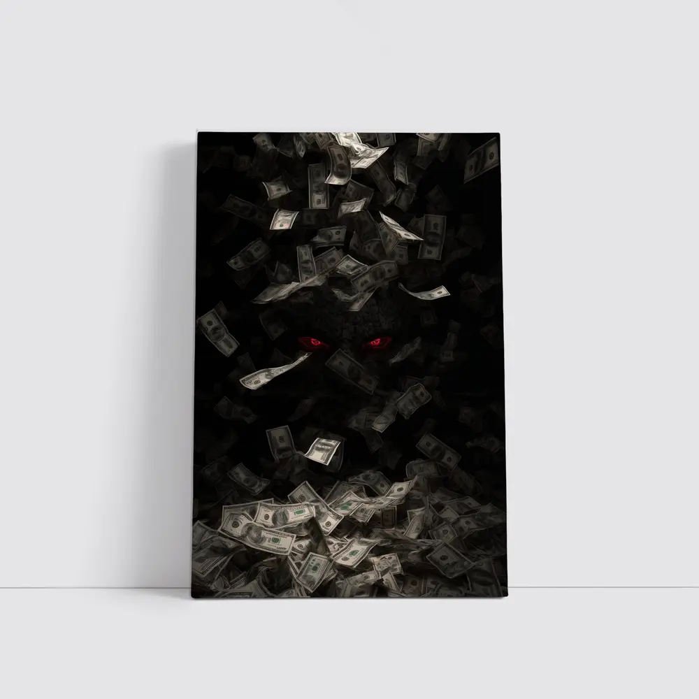 Dark Demon Eyes Money Falling Black Background – Wall Art