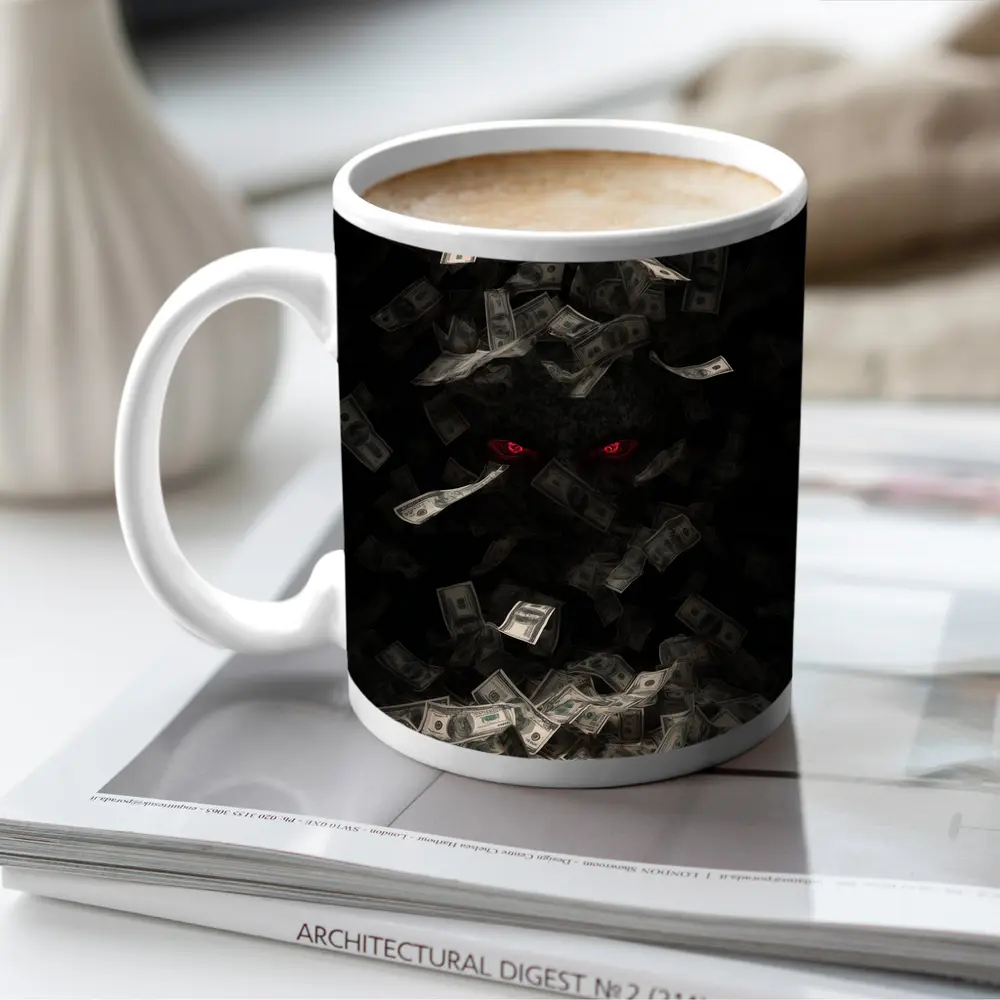 Dark Demon Eyes Money Falling Black Background – Mugs