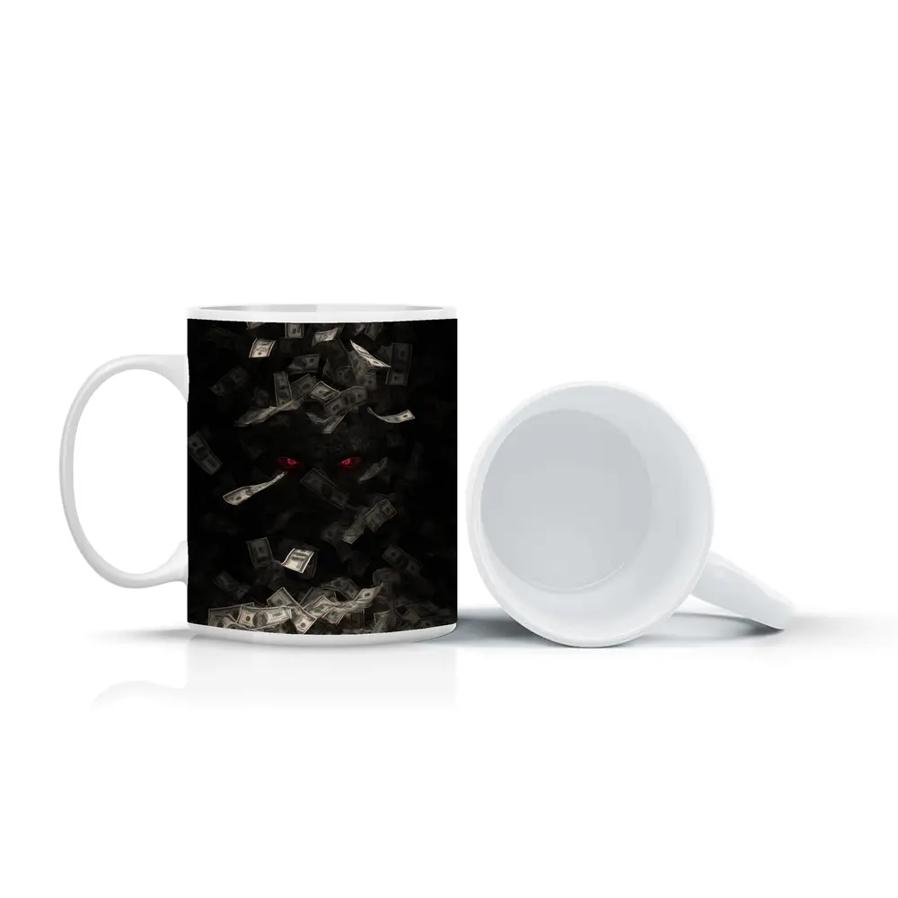 Dark Demon Eyes Money Falling Black Background – Mugs