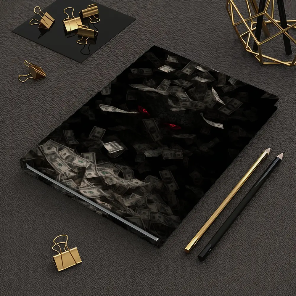 Dark Demon Eyes Money Falling Black Background – Notebooks