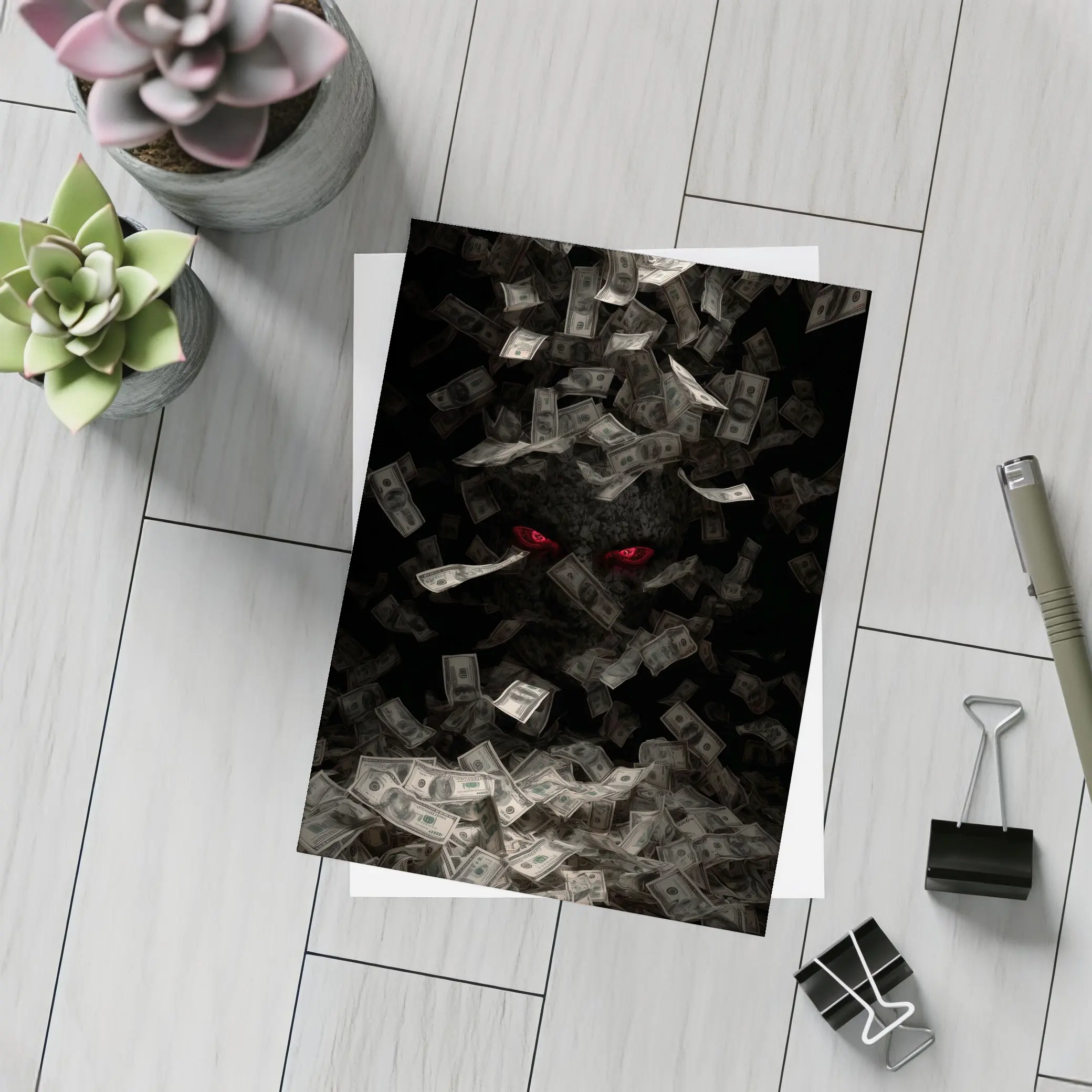 Dark Demon Eyes Money Falling Black Background – Postcards