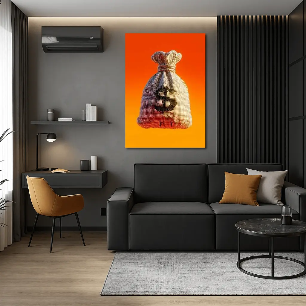 Pixel Money Bag Dollar Sign Orange Background – Wall Art