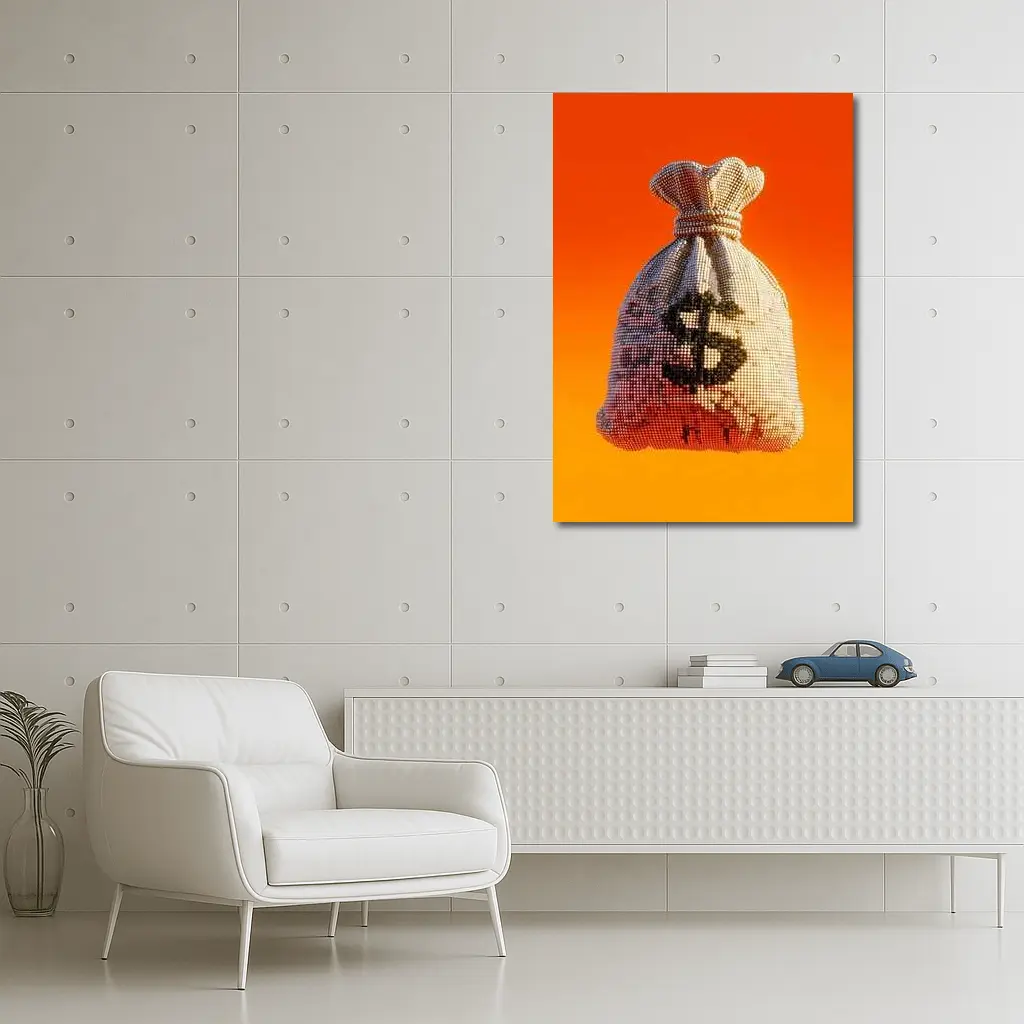 Pixel Money Bag Dollar Sign Orange Background – Wall Art
