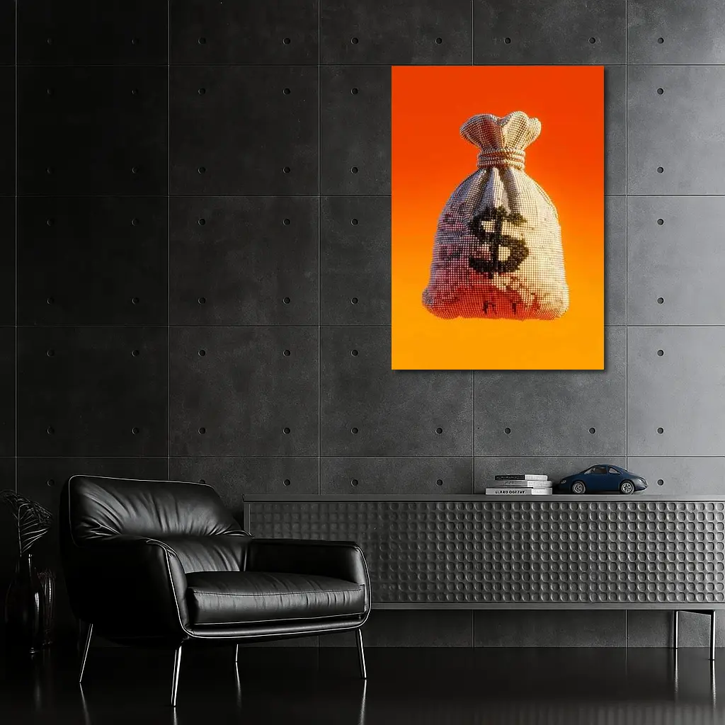 Pixel Money Bag Dollar Sign Orange Background – Wall Art