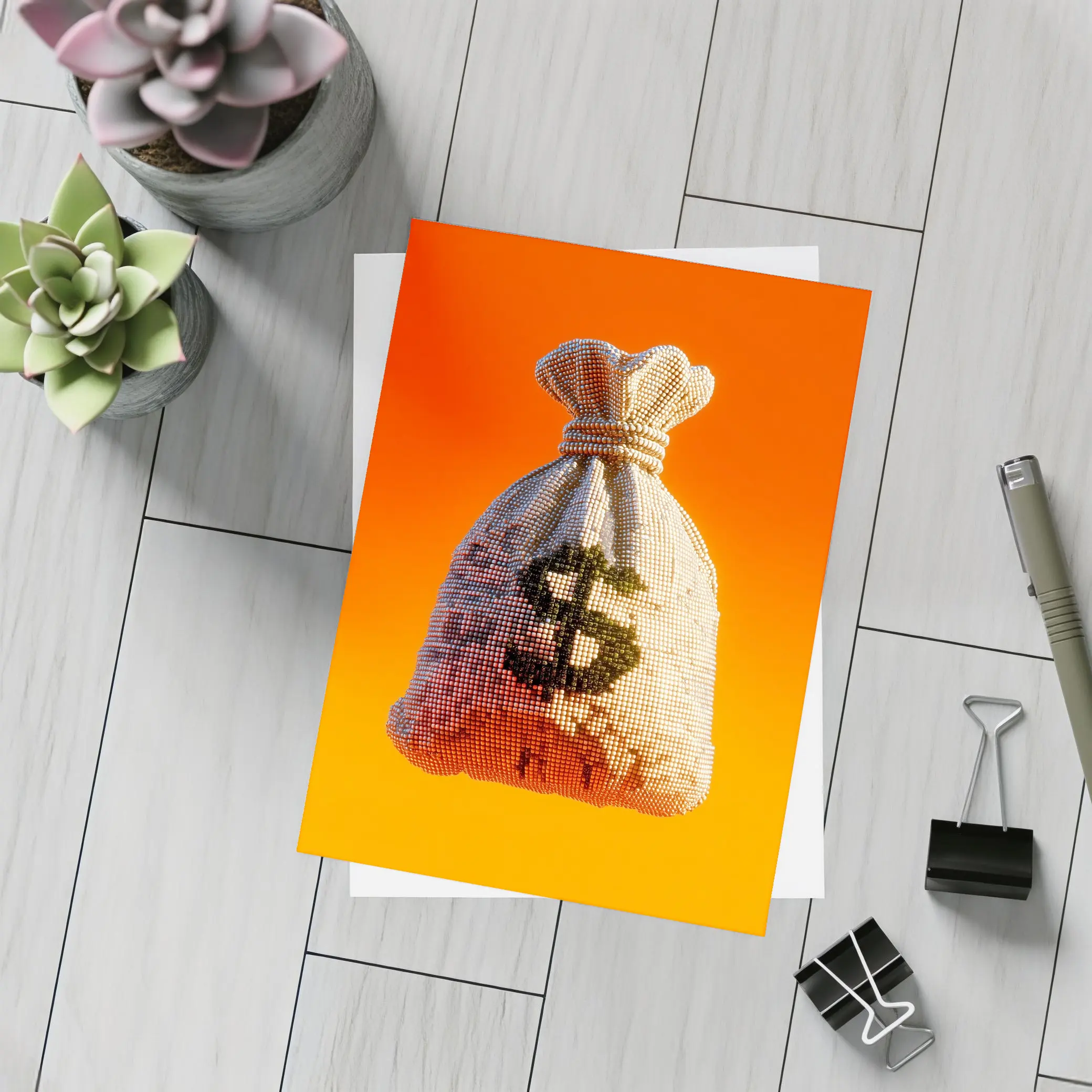 Pixel Money Bag Dollar Sign Orange Background – Postcards