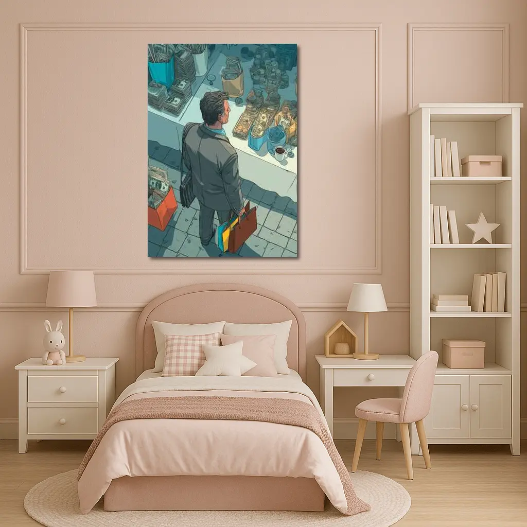 Man Shopping Surrounded By Money Illustration Art – Wall Art