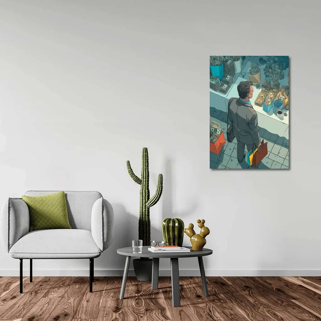 Man Shopping Surrounded By Money Illustration Art – Wall Art