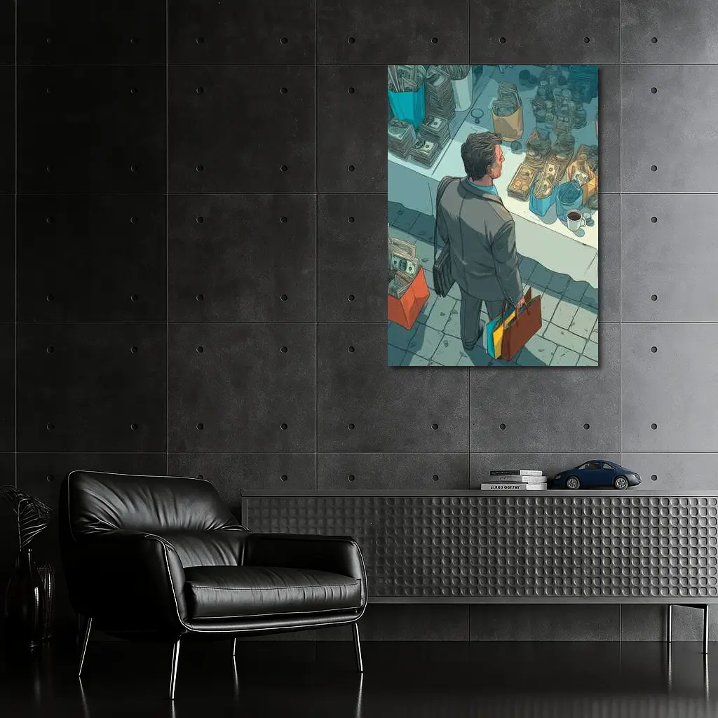 Man Shopping Surrounded By Money Illustration Art – Wall Art