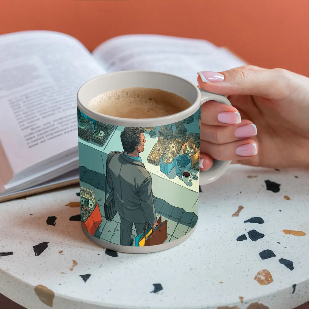 Man Shopping Surrounded By Money Illustration Art – Mugs