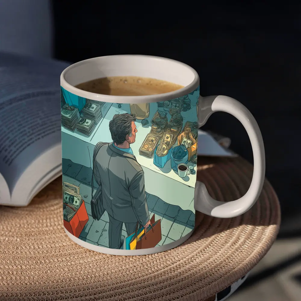 Man Shopping Surrounded By Money Illustration Art – Mugs
