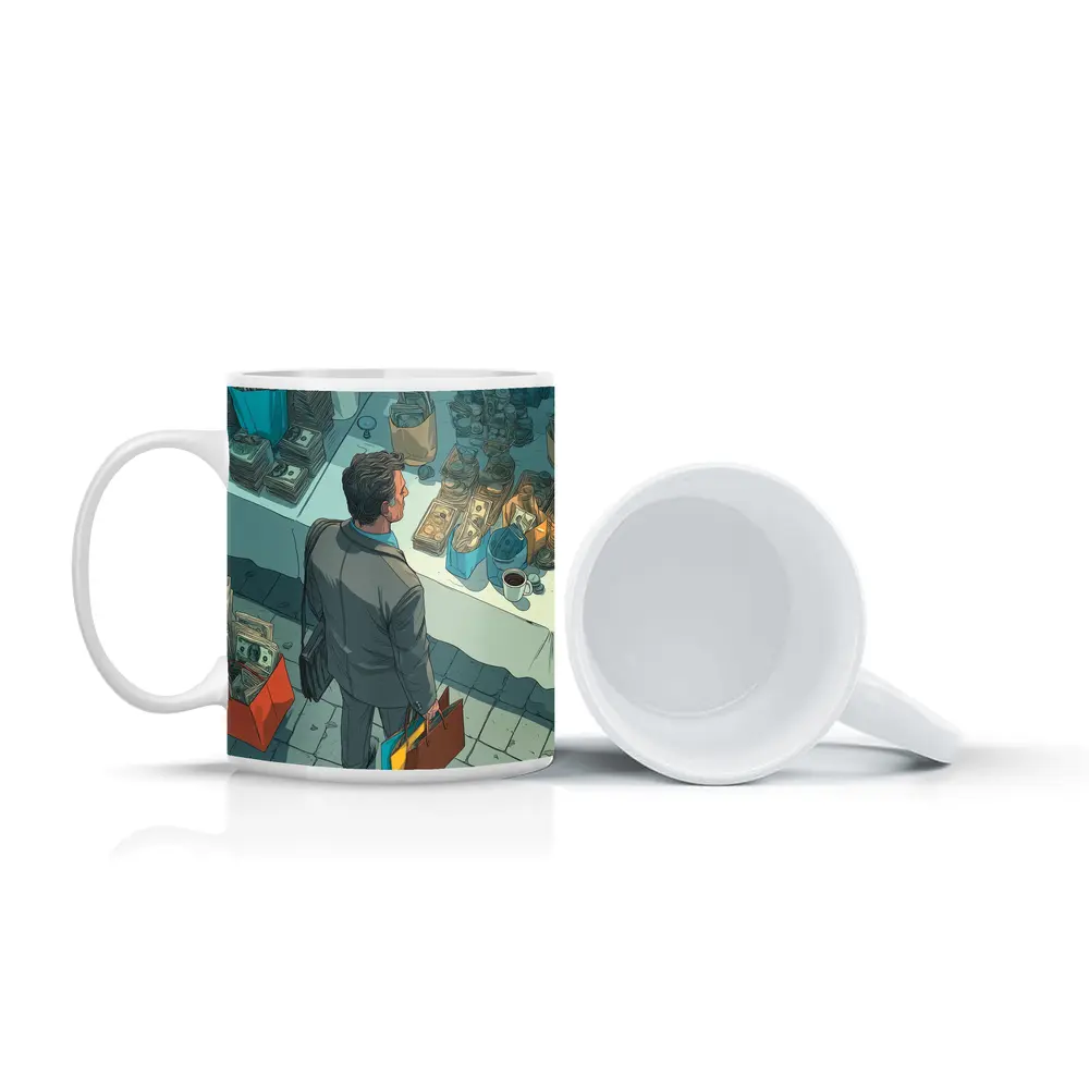 Man Shopping Surrounded By Money Illustration Art – Mugs