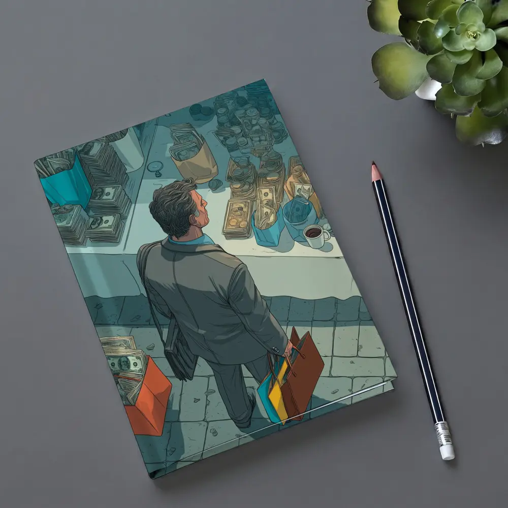 Man Shopping Surrounded By Money Illustration Art – Notebooks