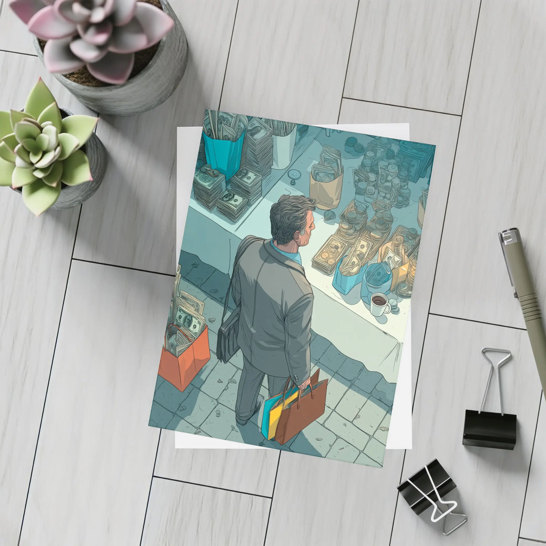 Man Shopping Surrounded By Money Illustration Art – Postcards